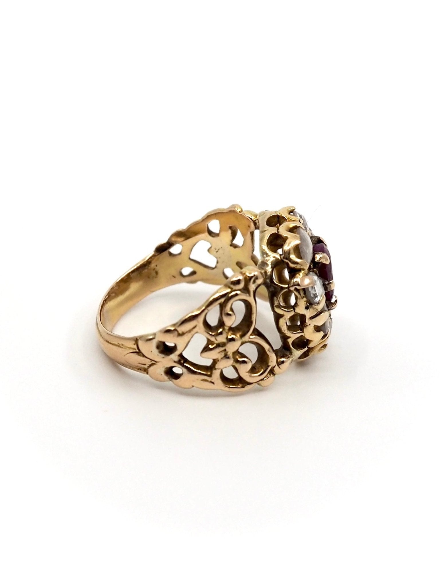 Victorian 14K Gold Rose Cut Diamond and Natural Ruby Scrollwork Ring - Georgie's NYC - Rings