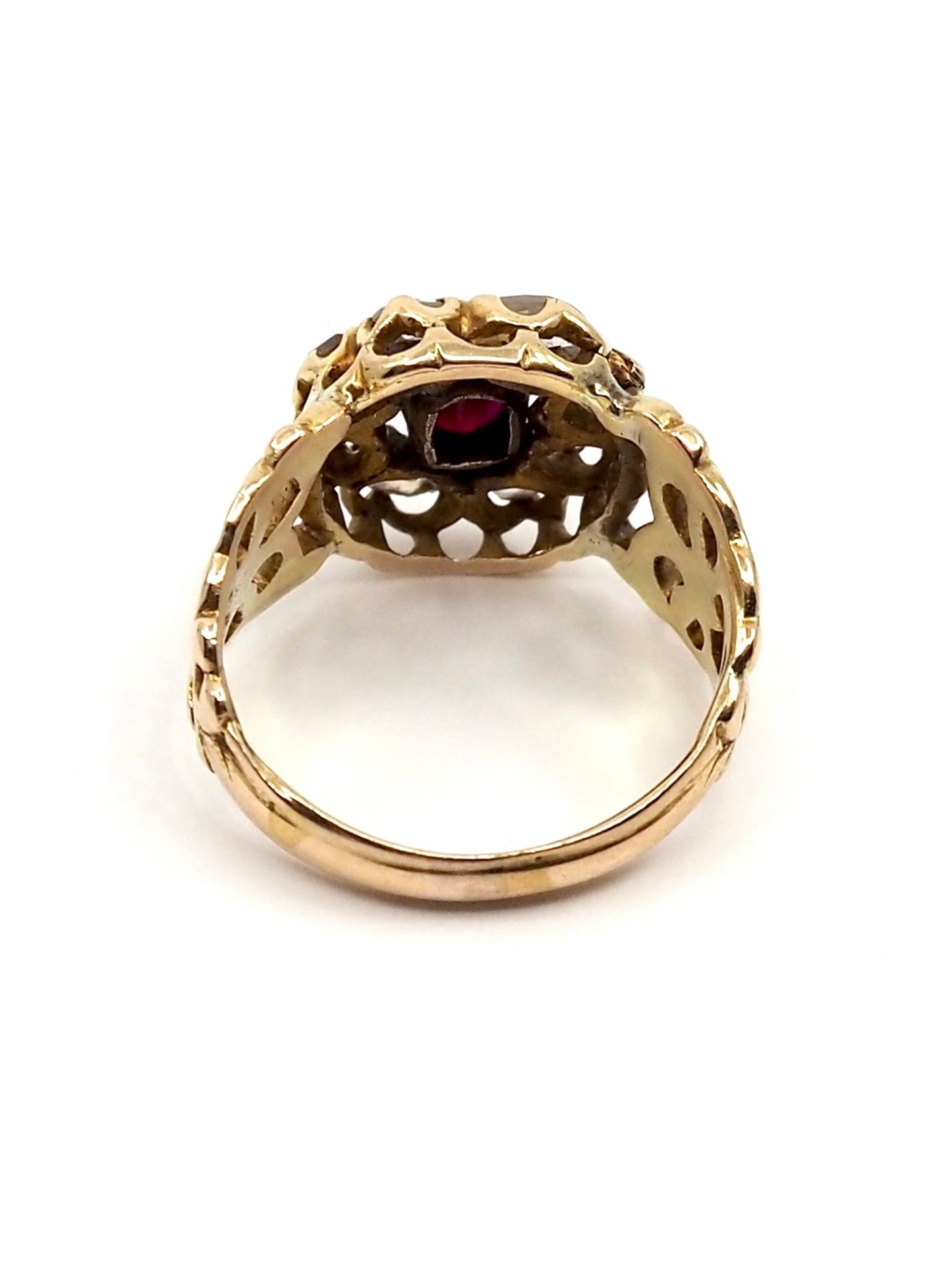 Victorian 14K Gold Rose Cut Diamond and Natural Ruby Scrollwork Ring - Georgie's NYC - Rings