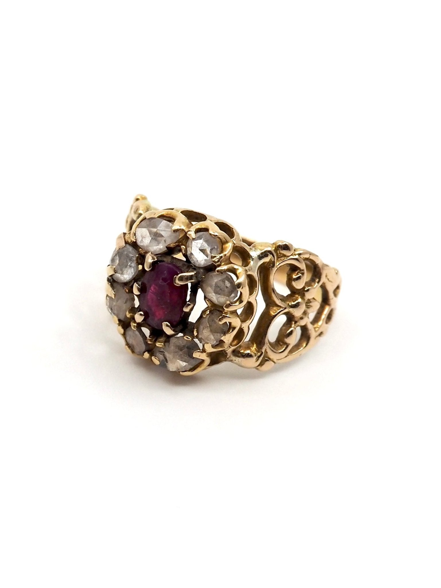 Victorian 14K Gold Rose Cut Diamond and Natural Ruby Scrollwork Ring - Georgie's NYC - Rings