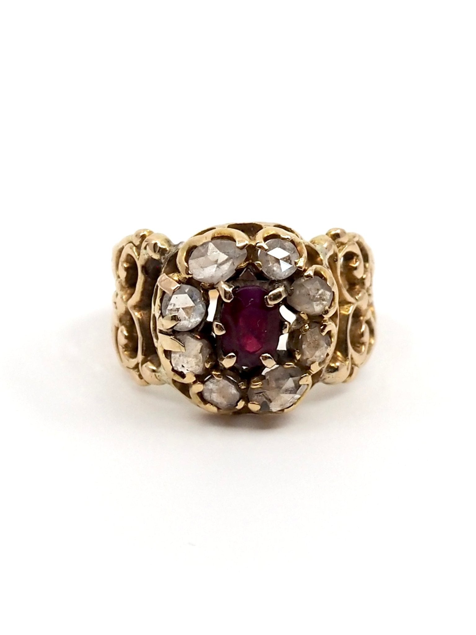 Victorian 14K Gold Rose Cut Diamond and Natural Ruby Scrollwork Ring - Georgie's NYC - Rings