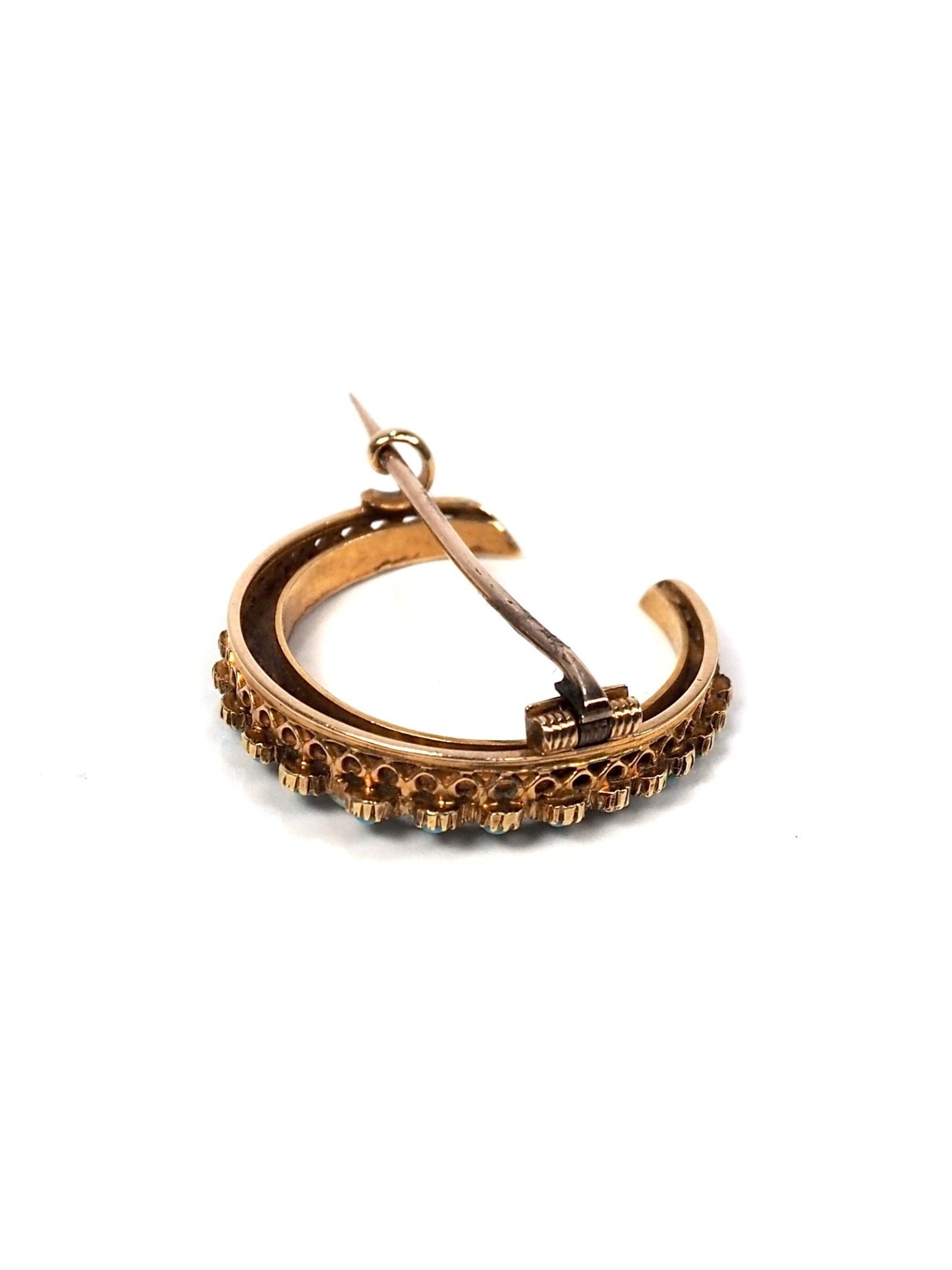 Victorian 18K Gold Pearl and Turquoise Crescent Moon Pin - Georgie's NYC - Brooches