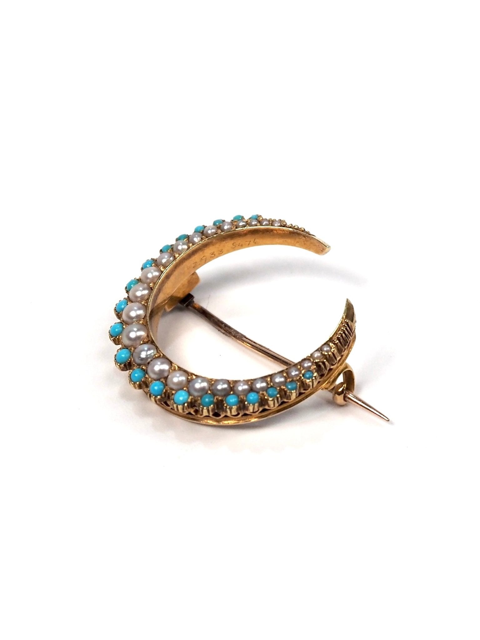 Victorian 18K Gold Pearl and Turquoise Crescent Moon Pin - Georgie's NYC - Brooches