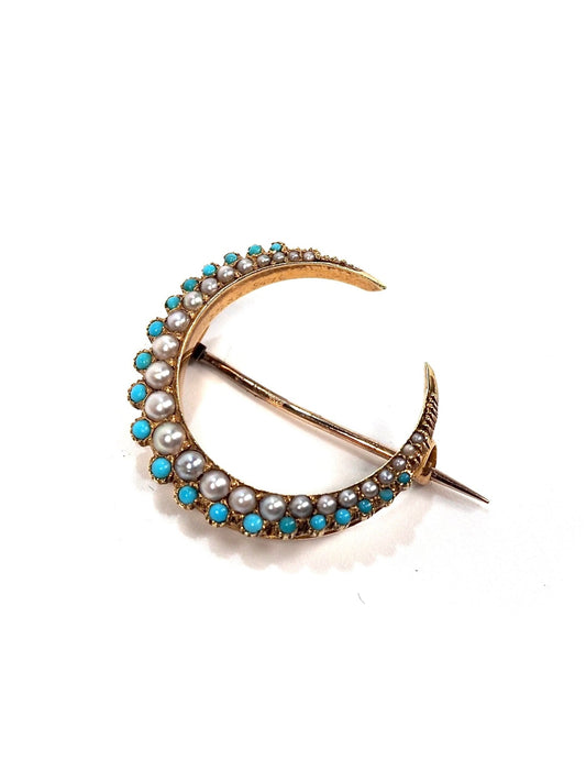 Victorian 18K Gold Pearl and Turquoise Crescent Moon Pin - Georgie's NYC - Brooches