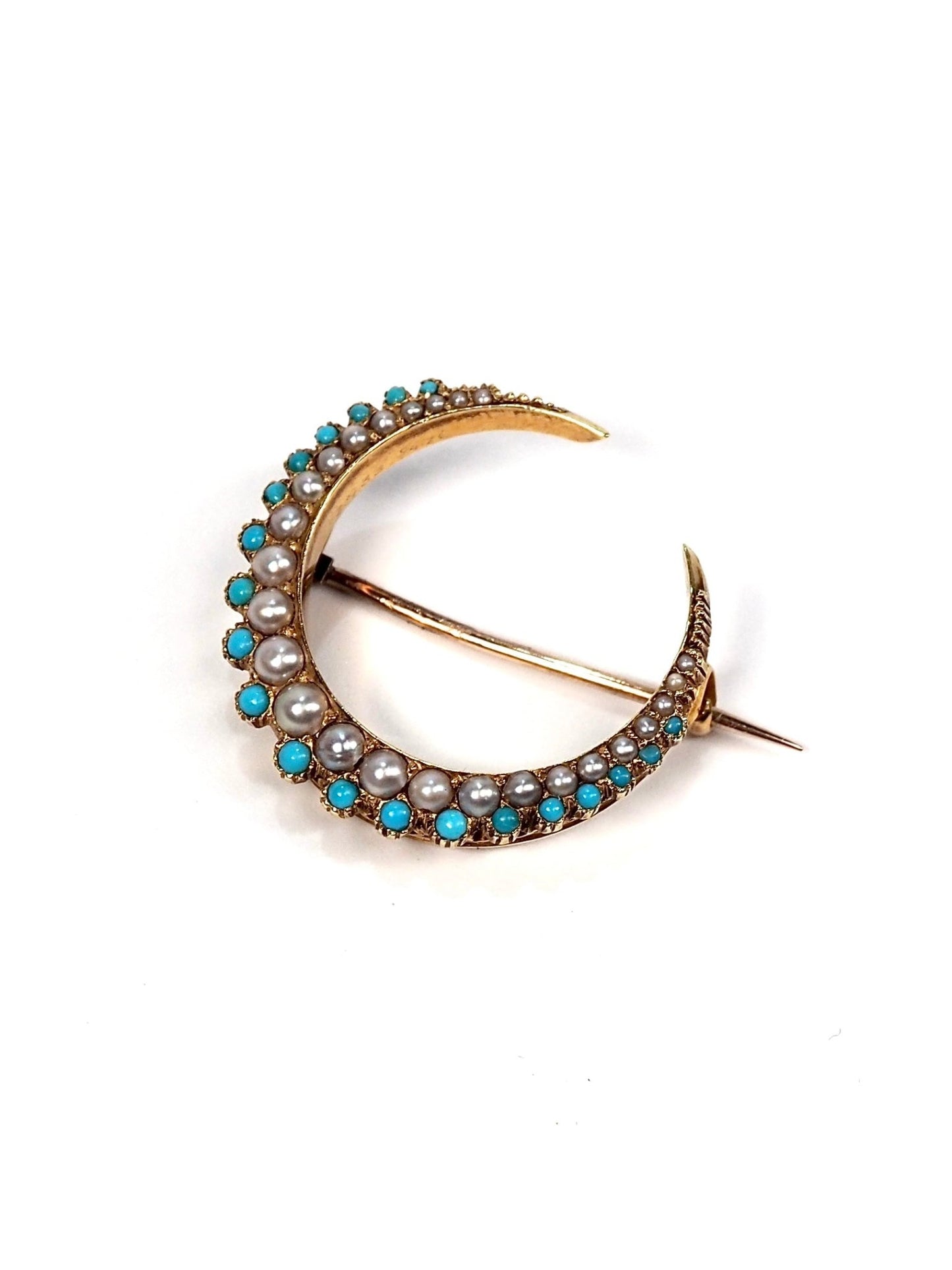 Victorian 18K Gold Pearl and Turquoise Crescent Moon Pin - Georgie's NYC - Brooches