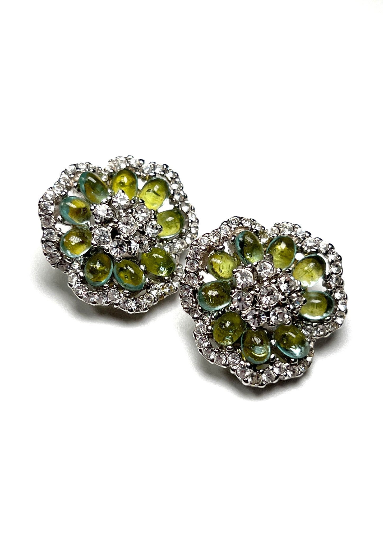 Aqua Green Poured Glass Cabochon and Rhinestone Flower Earrings - Georgie's NYC - Earrings