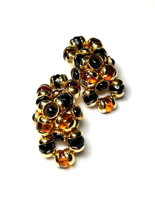 Black, Amber and Gold Beaded Statement Earrings - Georgie's NYC - Earrings