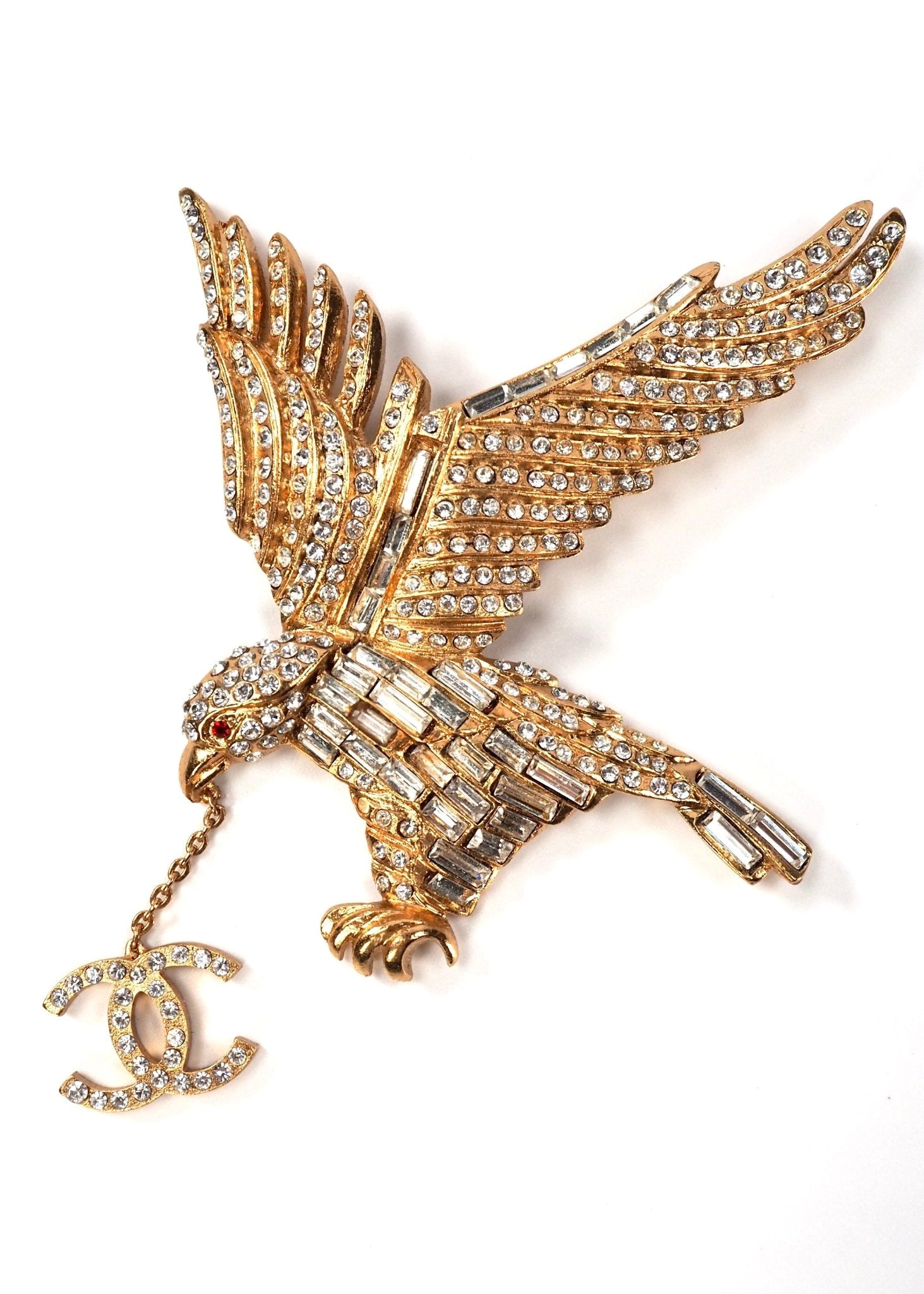 Chanel Gold and Crystal Rhinestone Eagle CC Brooch - Georgie's NYC - Brooches