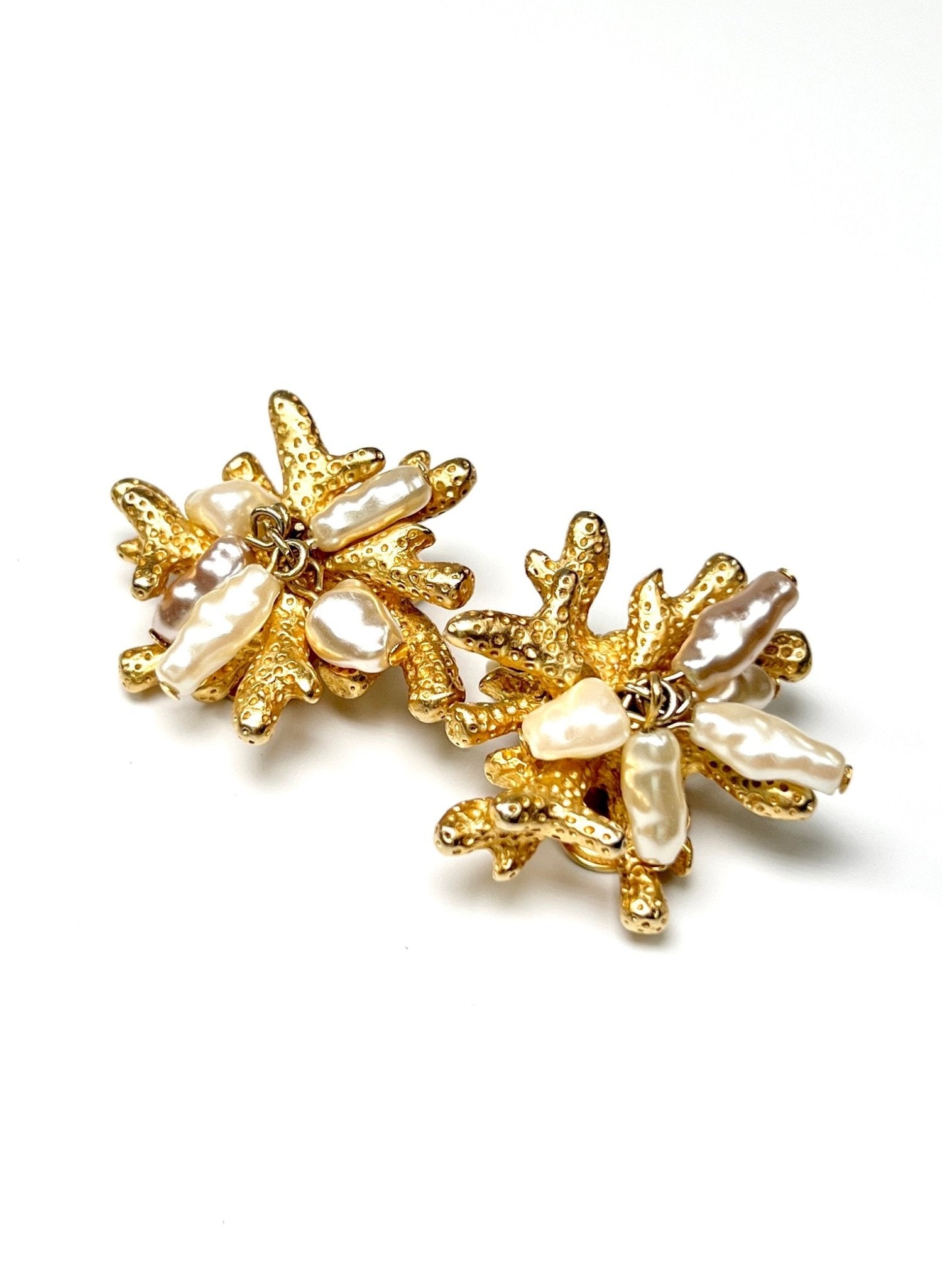 Coral and Faux Pearl Matte Gold Earrings - Georgie's NYC - Earrings