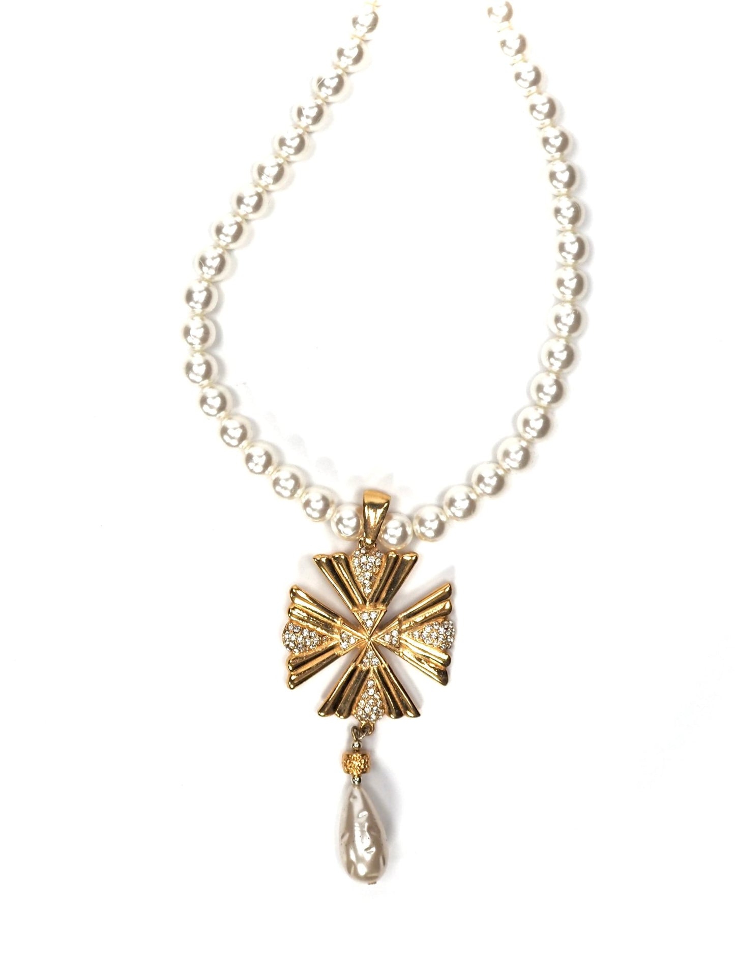 Faux Pearl, Rhinestone and Gold Maltese Cross Pendant Necklace - Georgie's NYC - Necklaces