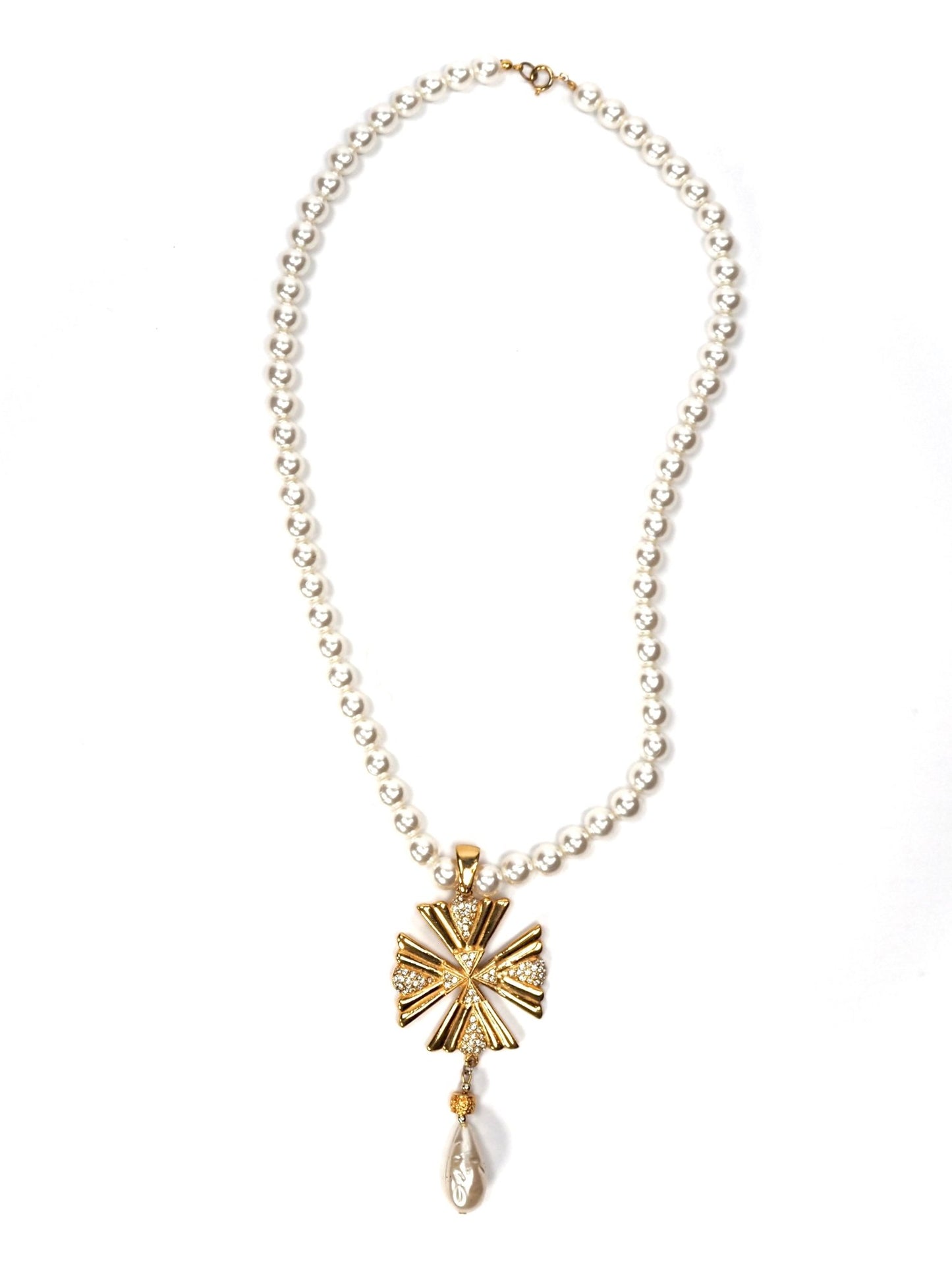 Faux Pearl, Rhinestone and Gold Maltese Cross Pendant Necklace - Georgie's NYC - Necklaces