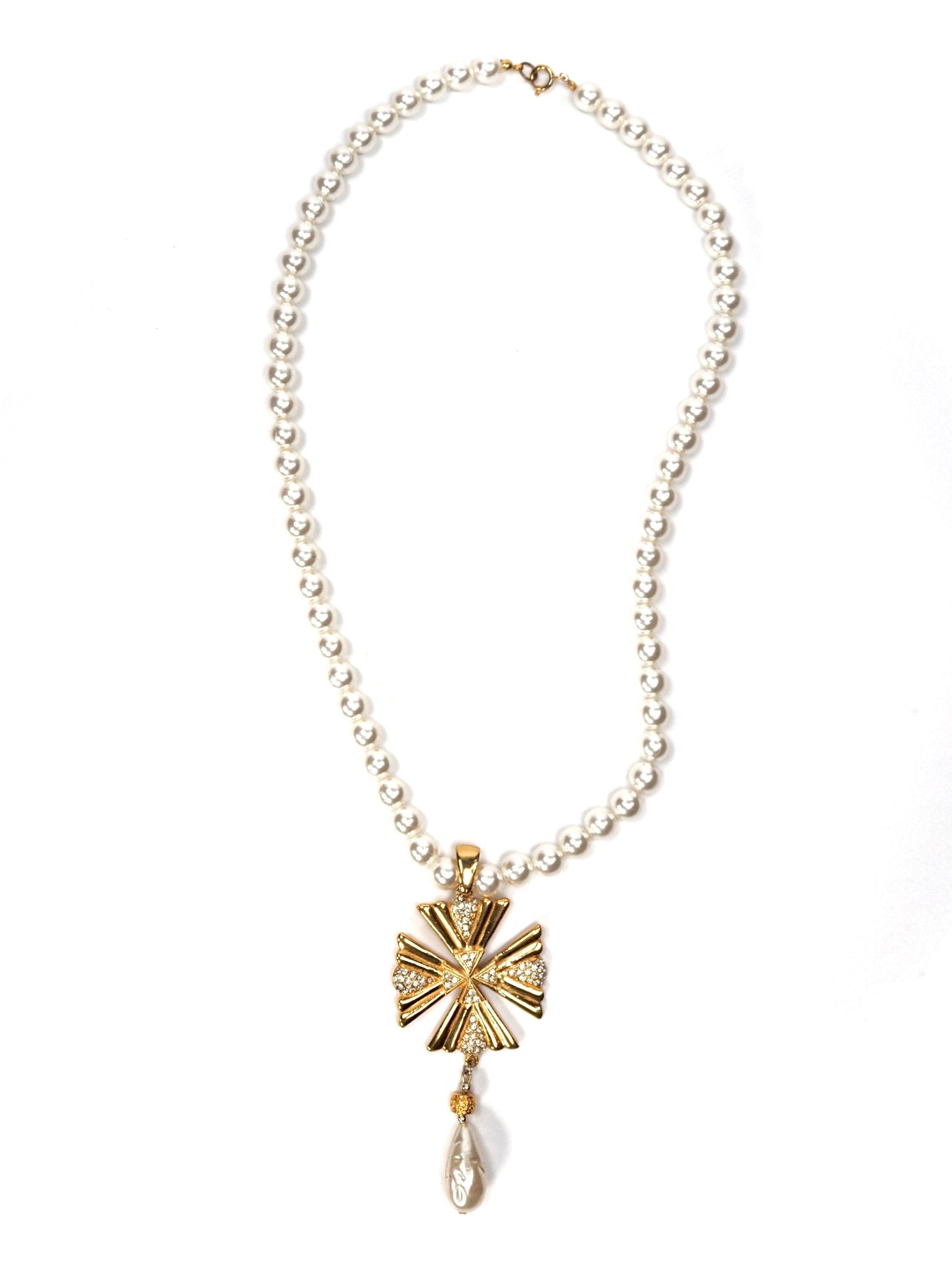 Faux Pearl, Rhinestone and Gold Maltese Cross Pendant Necklace - Georgie's NYC - Necklaces