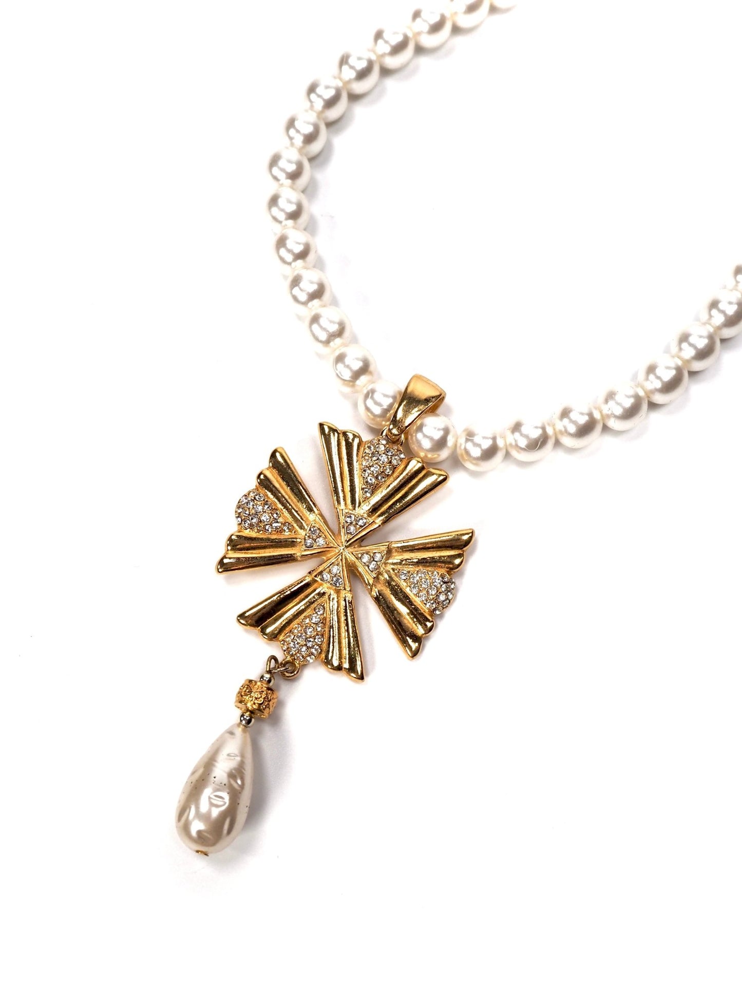 Faux Pearl, Rhinestone and Gold Maltese Cross Pendant Necklace - Georgie's NYC - Necklaces