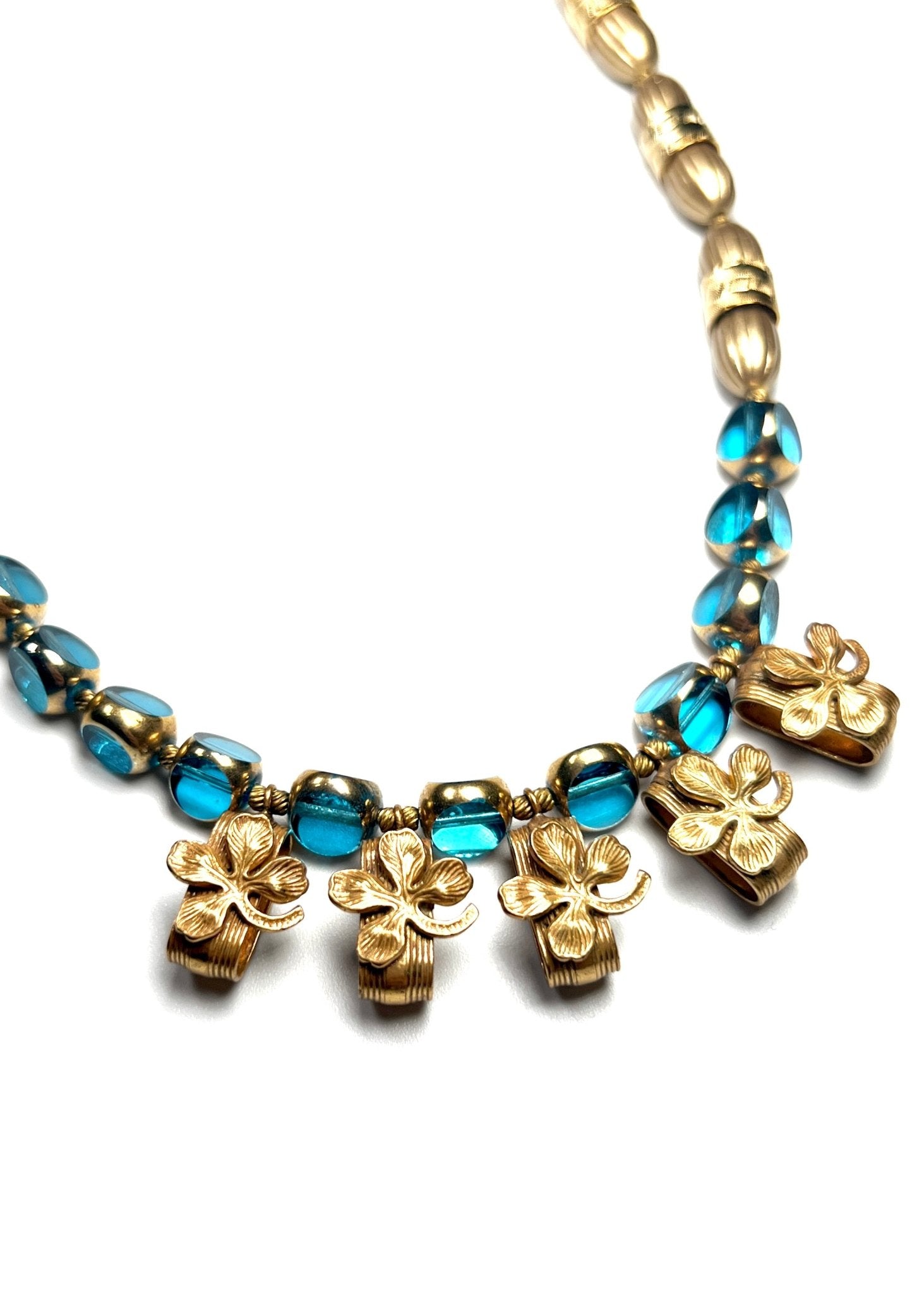 Gold Four Leaf Clover and Teal Glass Beaded Necklace - Georgie's NYC - Necklaces