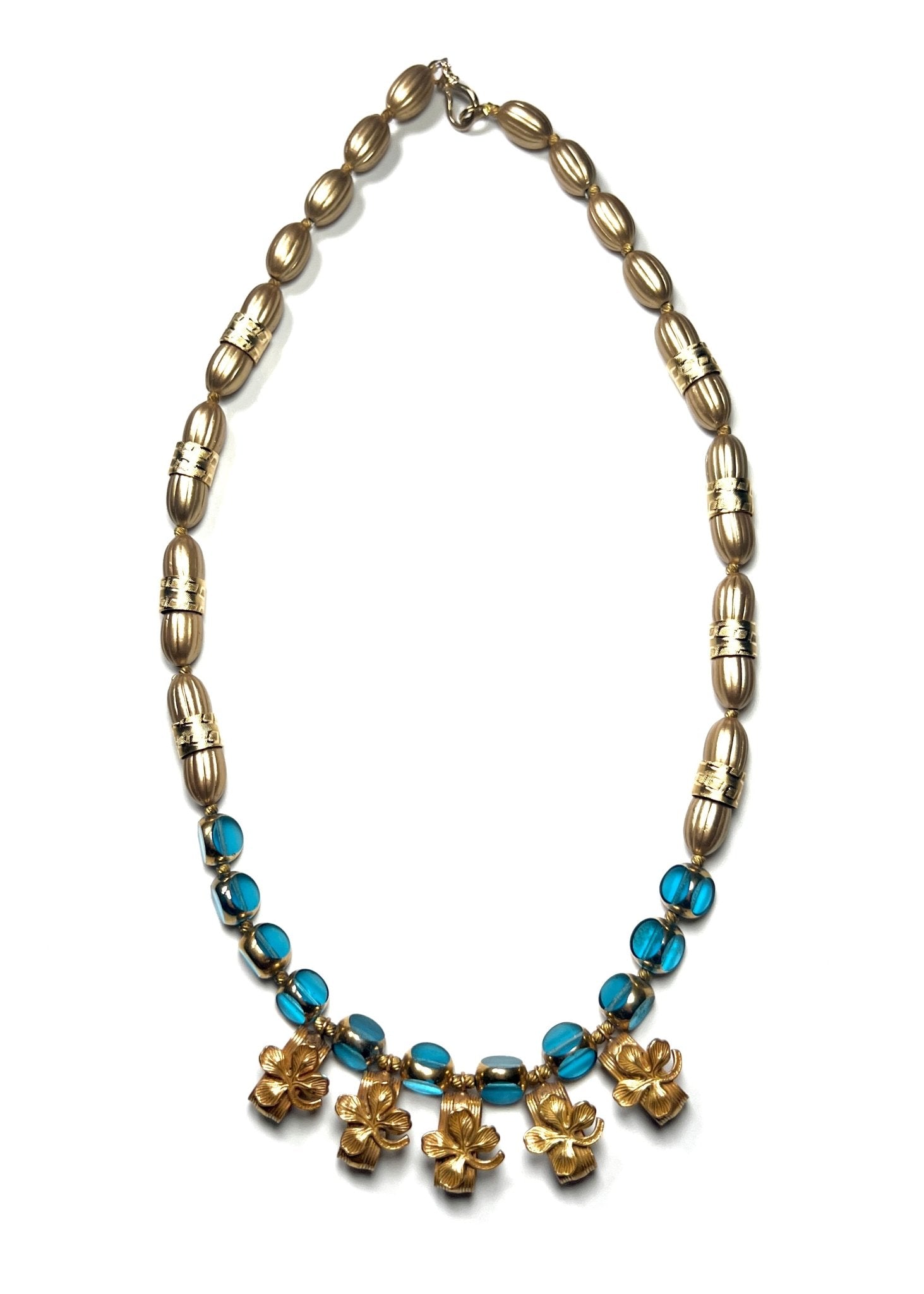 Gold Four Leaf Clover and Teal Glass Beaded Necklace - Georgie's NYC - Necklaces