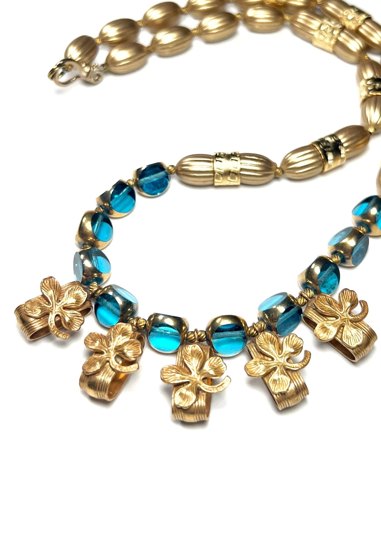 Gold Four Leaf Clover and Teal Glass Beaded Necklace - Georgie's NYC - Necklaces