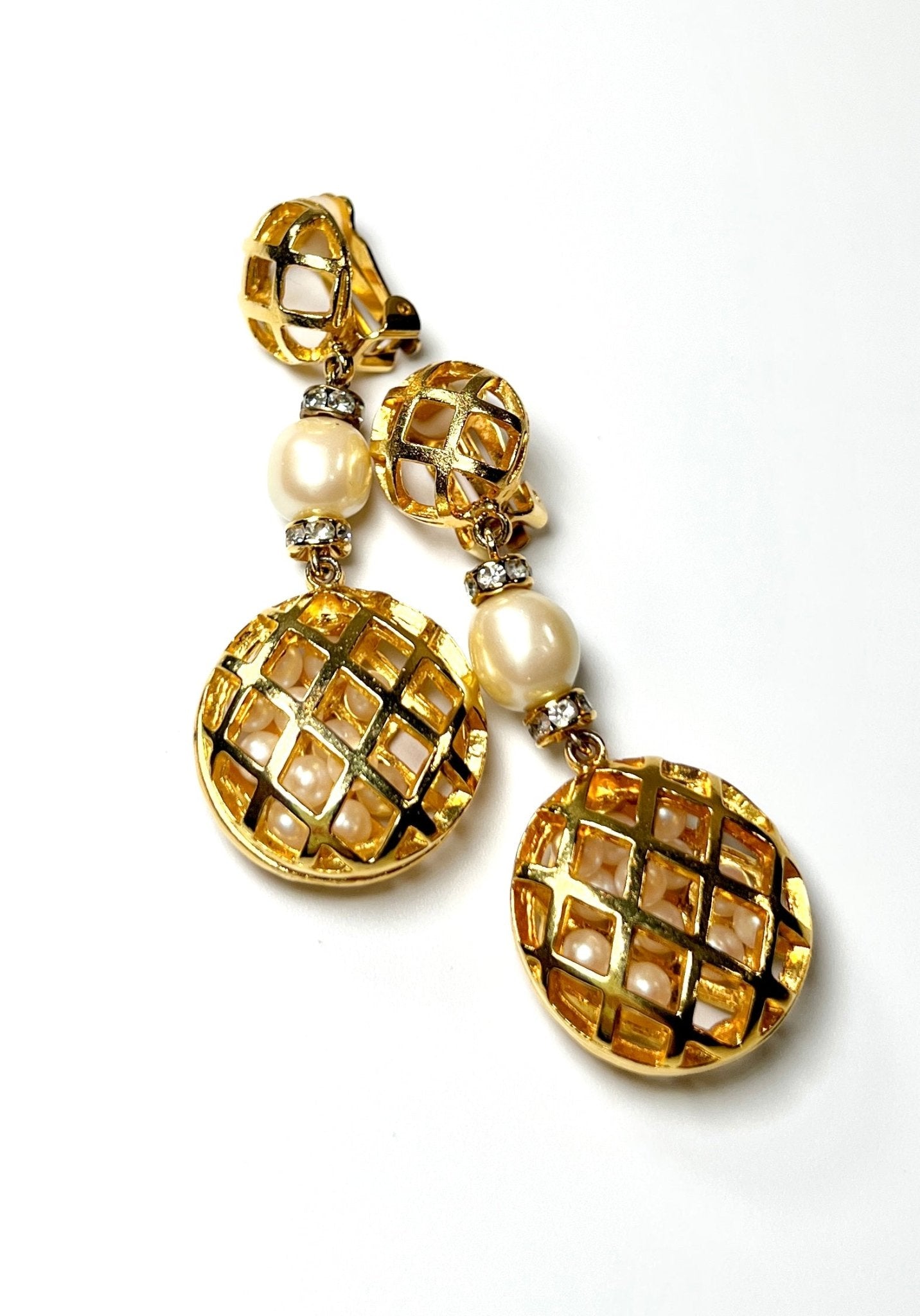 Gold Lattice Caged Faux Pearl and Rhinestone Dangle Earrings - Georgie's NYC - Earrings