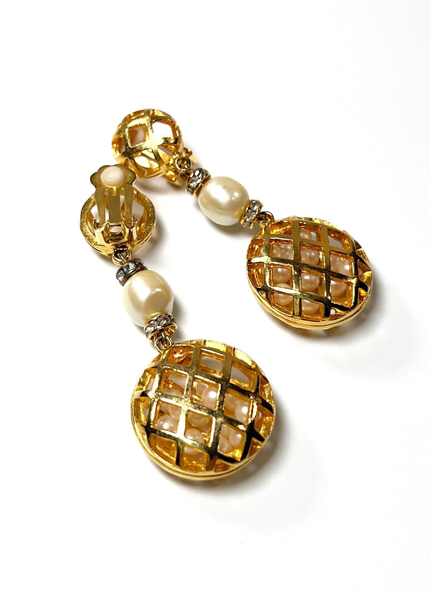 Gold Lattice Caged Faux Pearl and Rhinestone Dangle Earrings - Georgie's NYC - Earrings