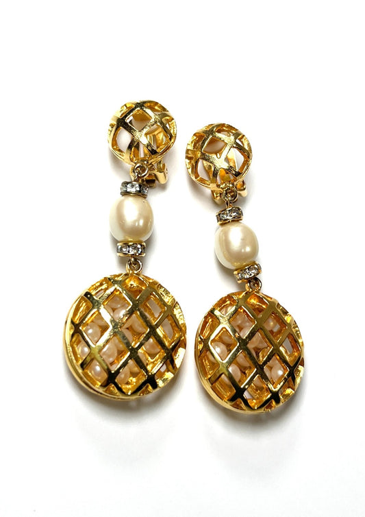 Gold Lattice Caged Faux Pearl and Rhinestone Dangle Earrings - Georgie's NYC - Earrings