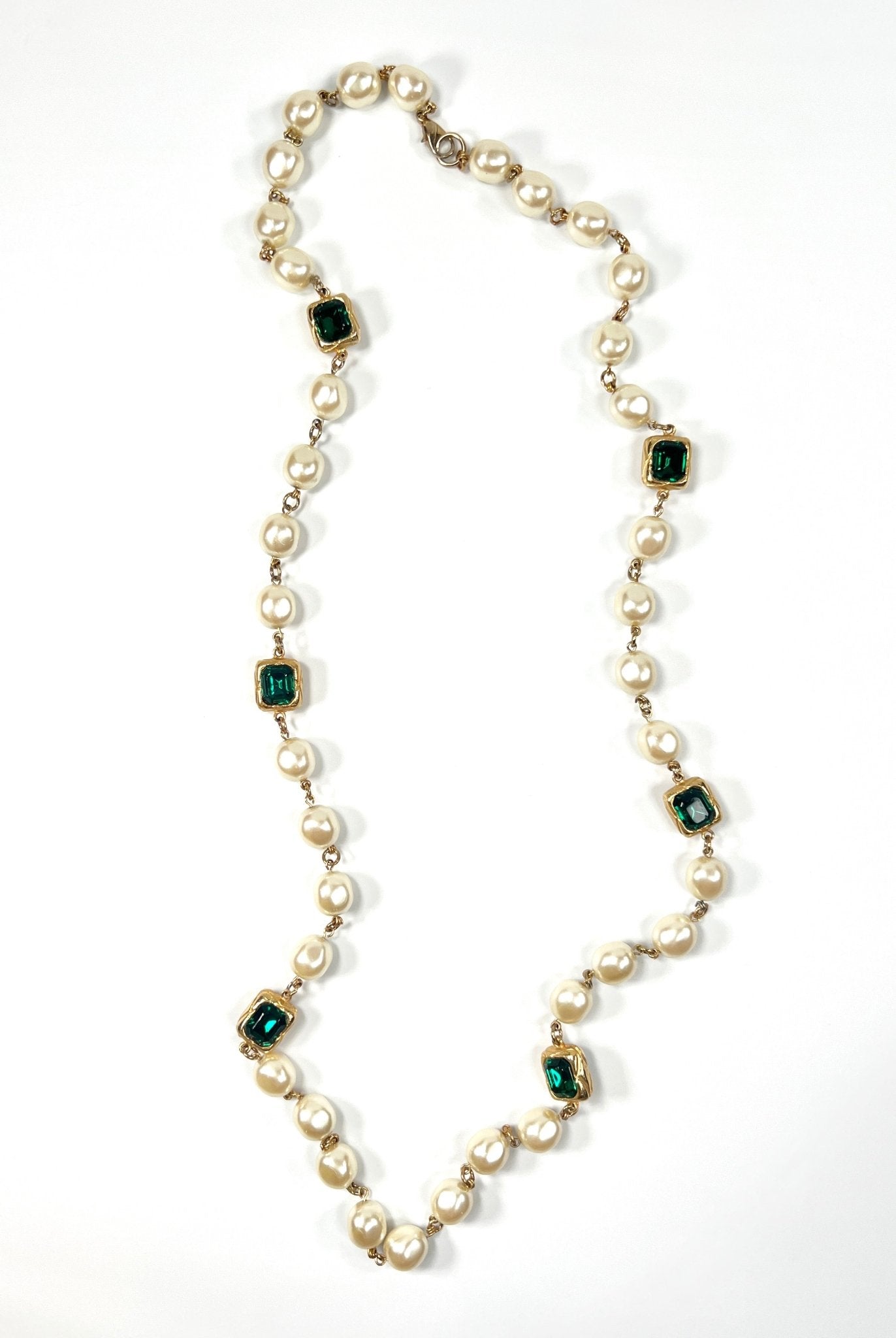 Green Glass and Faux Pearl Long Necklace - Georgie's NYC - Necklaces