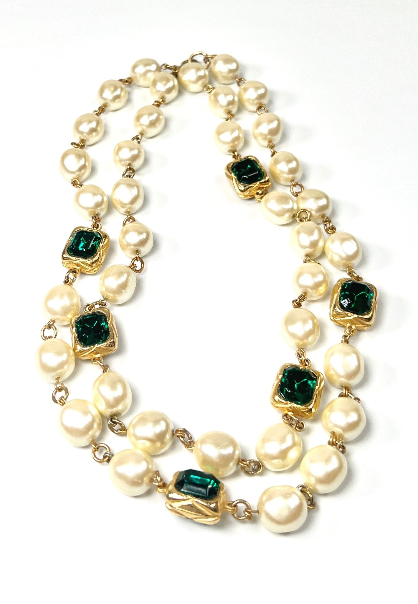 Green Glass and Faux Pearl Long Necklace - Georgie's NYC - Necklaces