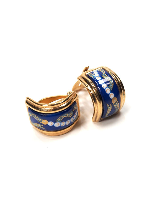 Hermès Gold and Blue Enamel Kelly Pearl Earrings - Georgie's NYC - Earrings