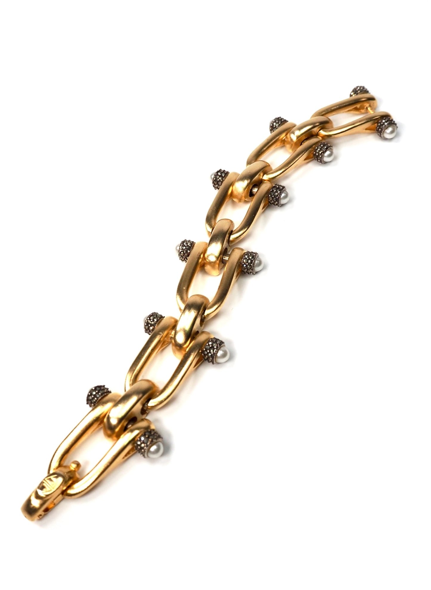 Judith Jack JJ Brushed Gold Pearl and Marcasite Modernist Link Bracelet - Georgie's NYC - Bracelets