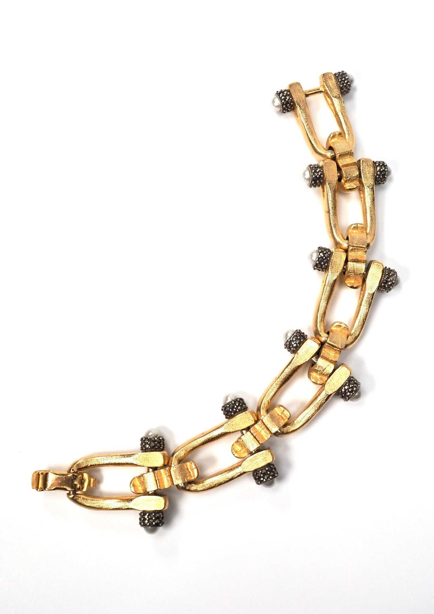 Judith Jack JJ Brushed Gold Pearl and Marcasite Modernist Link Bracelet - Georgie's NYC - Bracelets