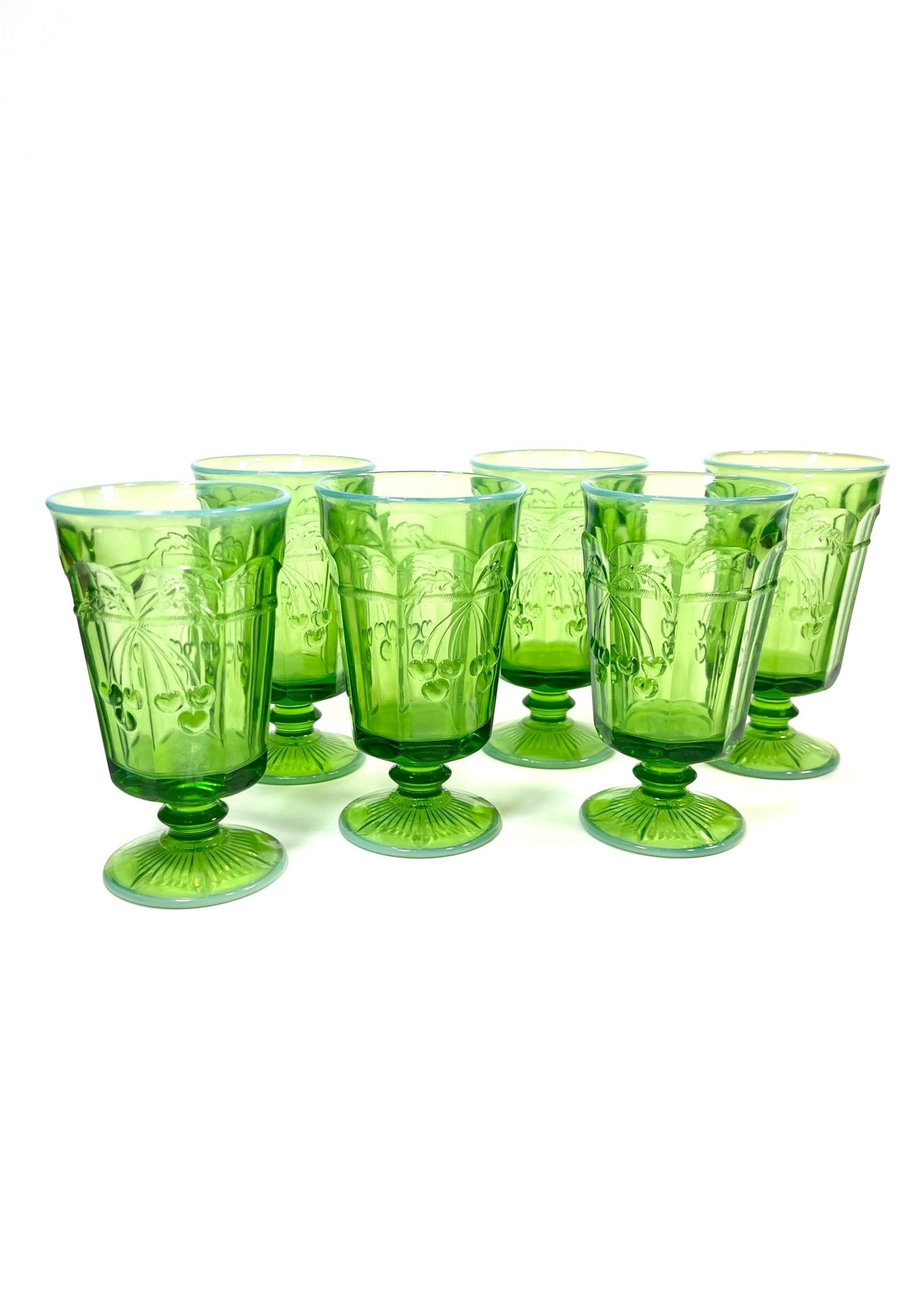 Mosser Green Opalescent Cherry and Cable Stemmed Drinking Glasses Set of 6 - Georgie's NYC - Drinkware