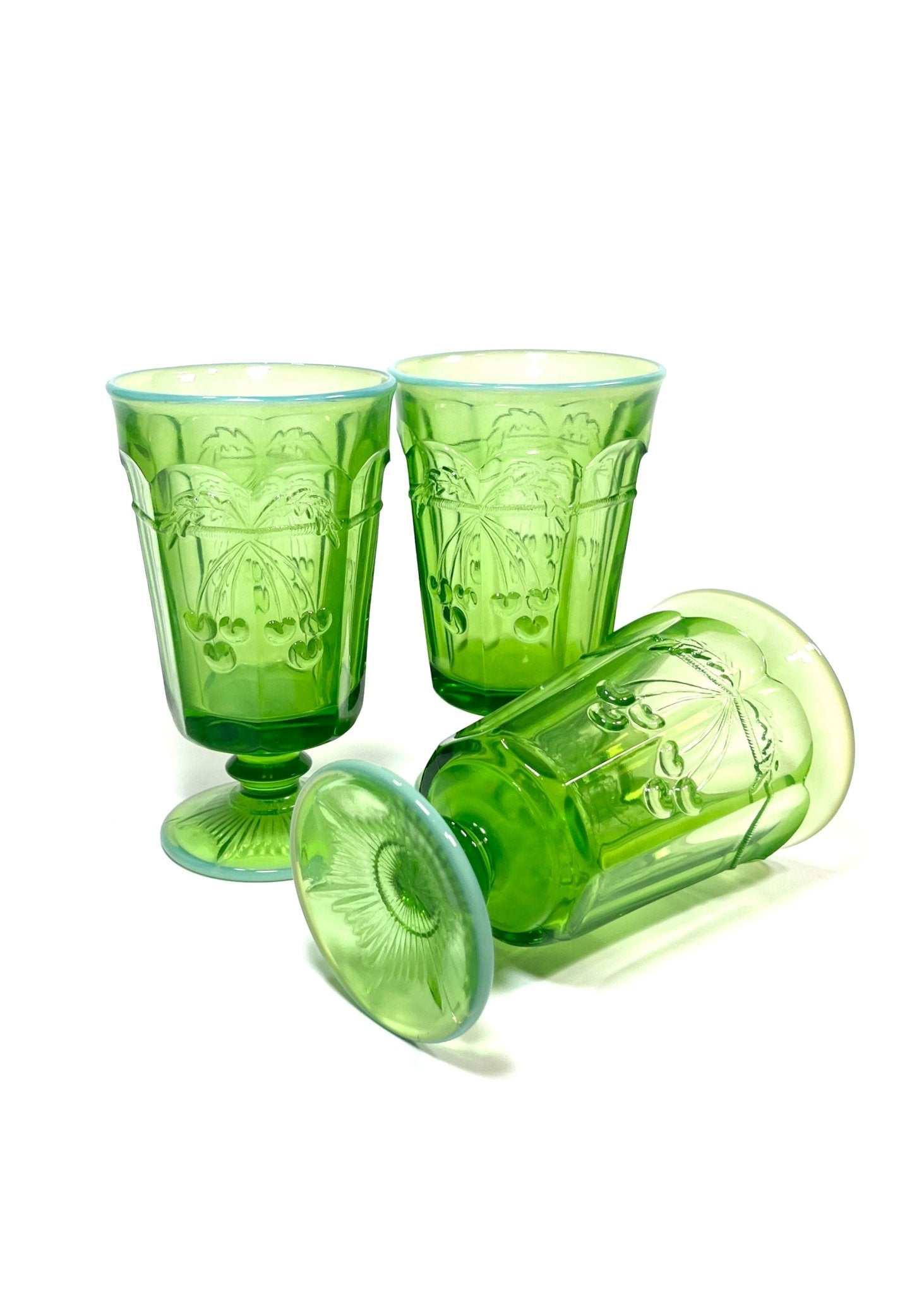 Mosser Green Opalescent Cherry and Cable Stemmed Drinking Glasses Set of 6 - Georgie's NYC - Drinkware