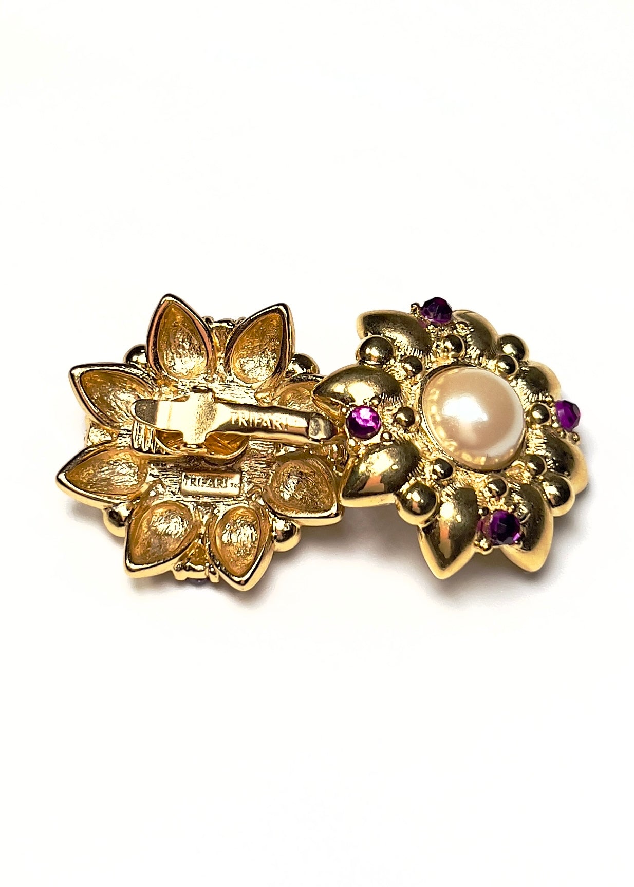 Trifari Gold, Faux Pearl and Purple Rhinestone Flower Burst Earrings - Georgie's NYC - Earrings