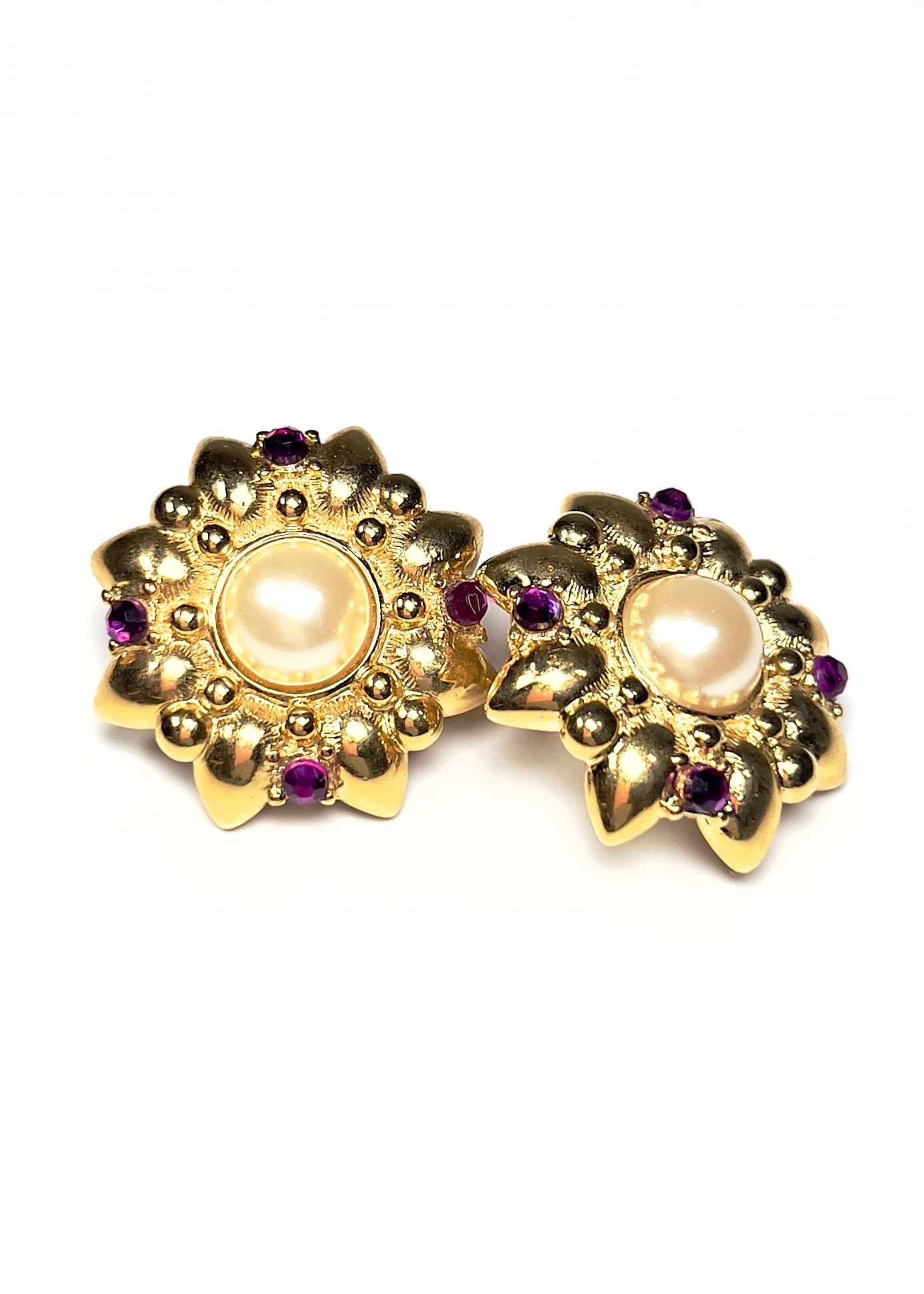 Trifari Gold, Faux Pearl and Purple Rhinestone Flower Burst Earrings - Georgie's NYC - Earrings