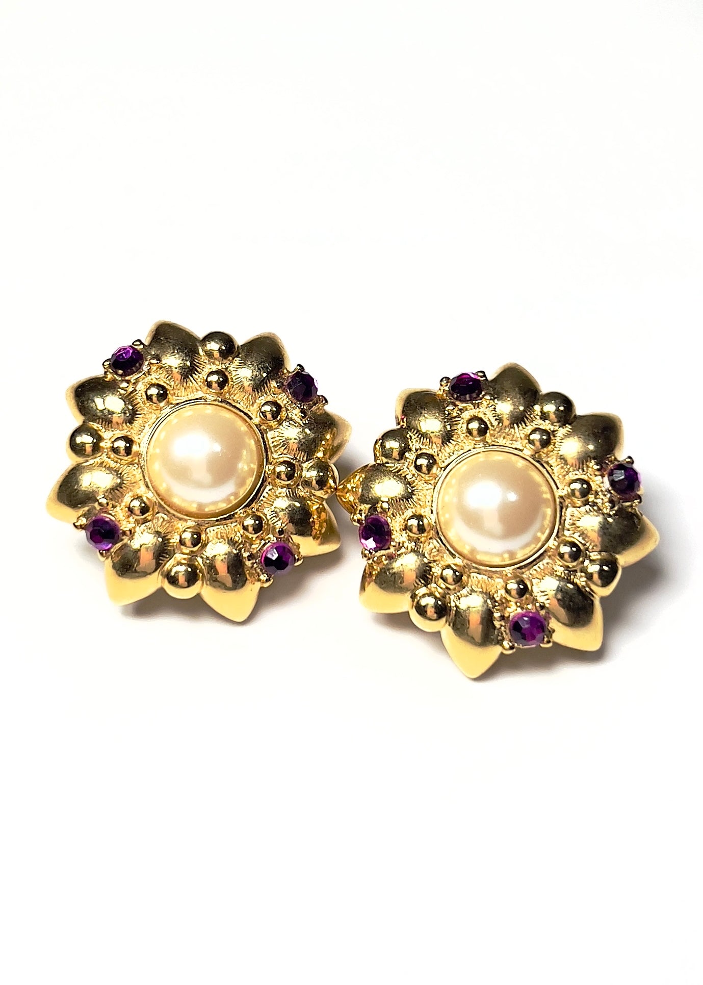 Trifari Gold, Faux Pearl and Purple Rhinestone Flower Burst Earrings - Georgie's NYC - Earrings