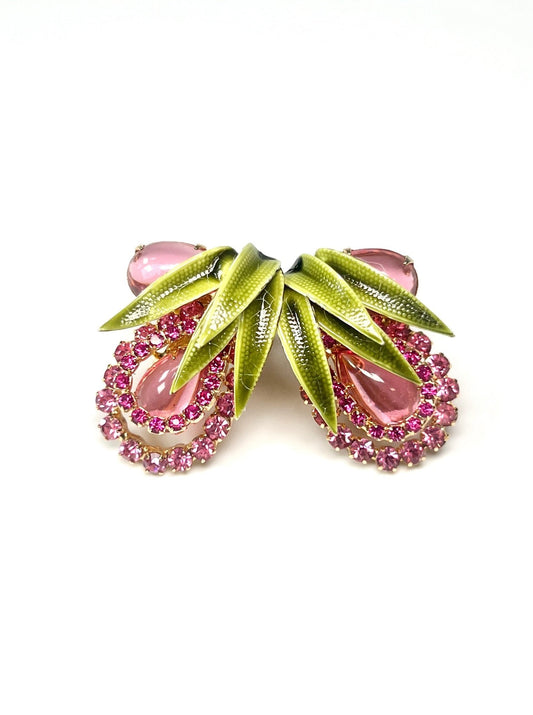 Vendome Pink Rhinestone and Green Enamel Leaf Earrings - Georgie's NYC - Earrings